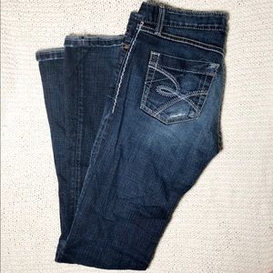 Dark denim long flare jean stretchy